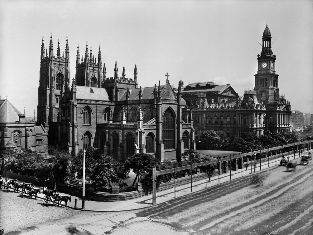 St Andrew's Cathedral and Town Hall, Sydney from The Powerhouse Museum Collection (restored), Sydney city centre (c. 1900)