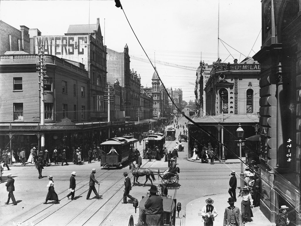 Electric trams, King Street, Sydney, 1900, Sydney city centre