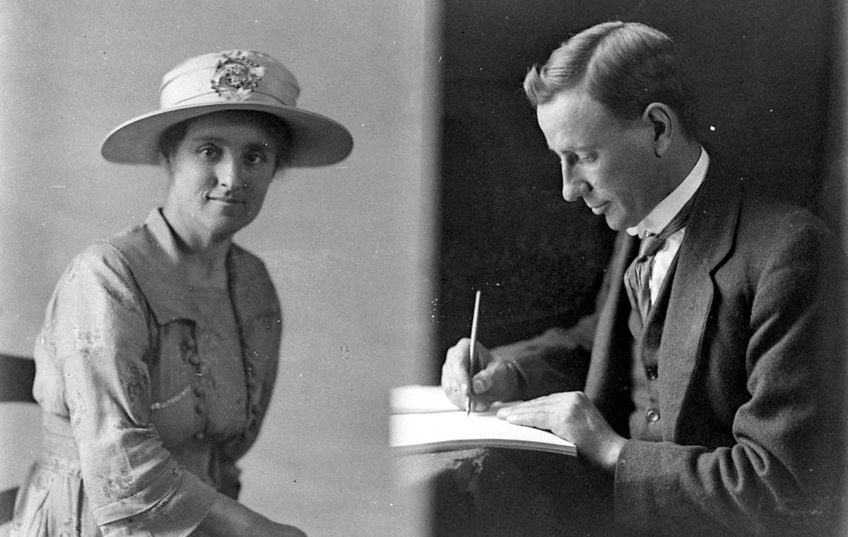 A woman in large hat and a man writing (1930s)