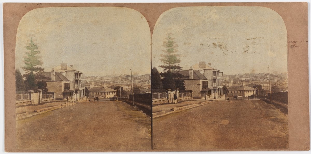 Bent St. Sydney (1859) (Hand coloured view from Phillip Street looking west down Bent Street, past the three storey Pulteney Hotel on left to the Macquarie fountain, demolished, Sydney city centre