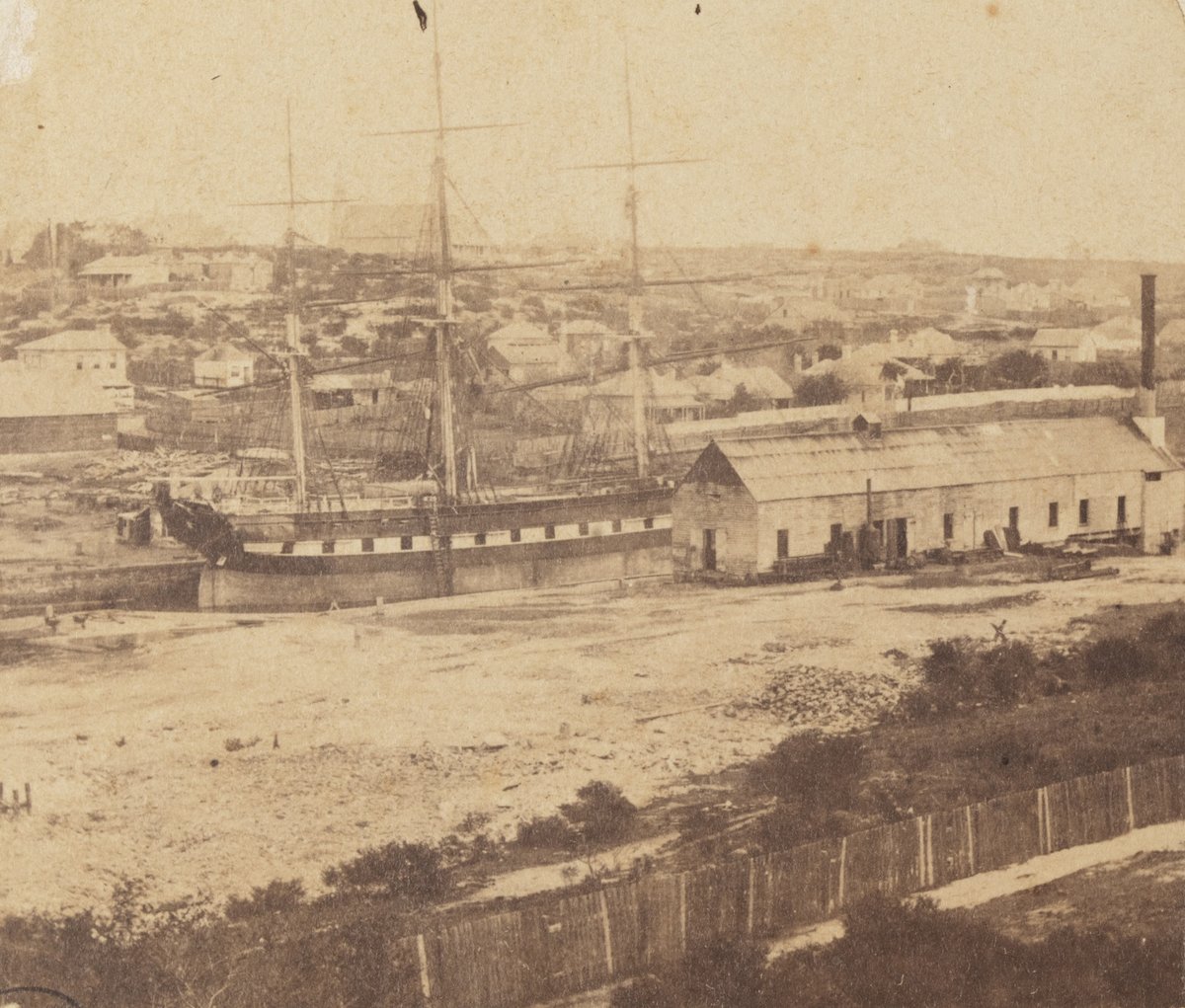 The Dry Dock Balmain (Looking west across Mort’s Dock at Waterview Bay, Balmain. The building on right was severely damaged by a boiler explosion in 1865) (1860)