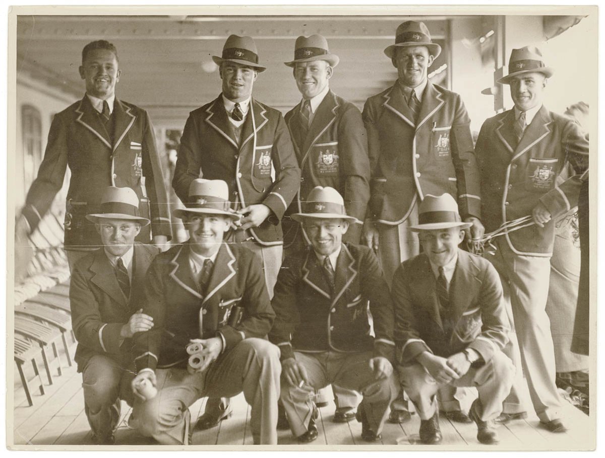 Kangaroos (Australia's national Rugby League team) on the deck of a ship in full team uniform, ca. 1935 - Sam Hood (c. 1935)