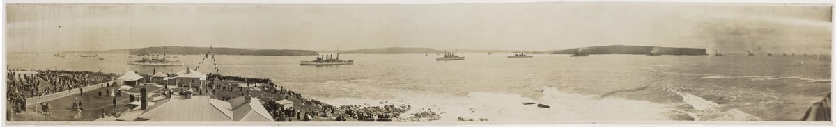 Arrival of the American Fleet at Sydney Australia, August 1908; (Sydney Harbour from North Sydney, c. 1915-1925) - panoramic photographs by Exchange Studios, 49 Pitt St. Sydney (1908–25)