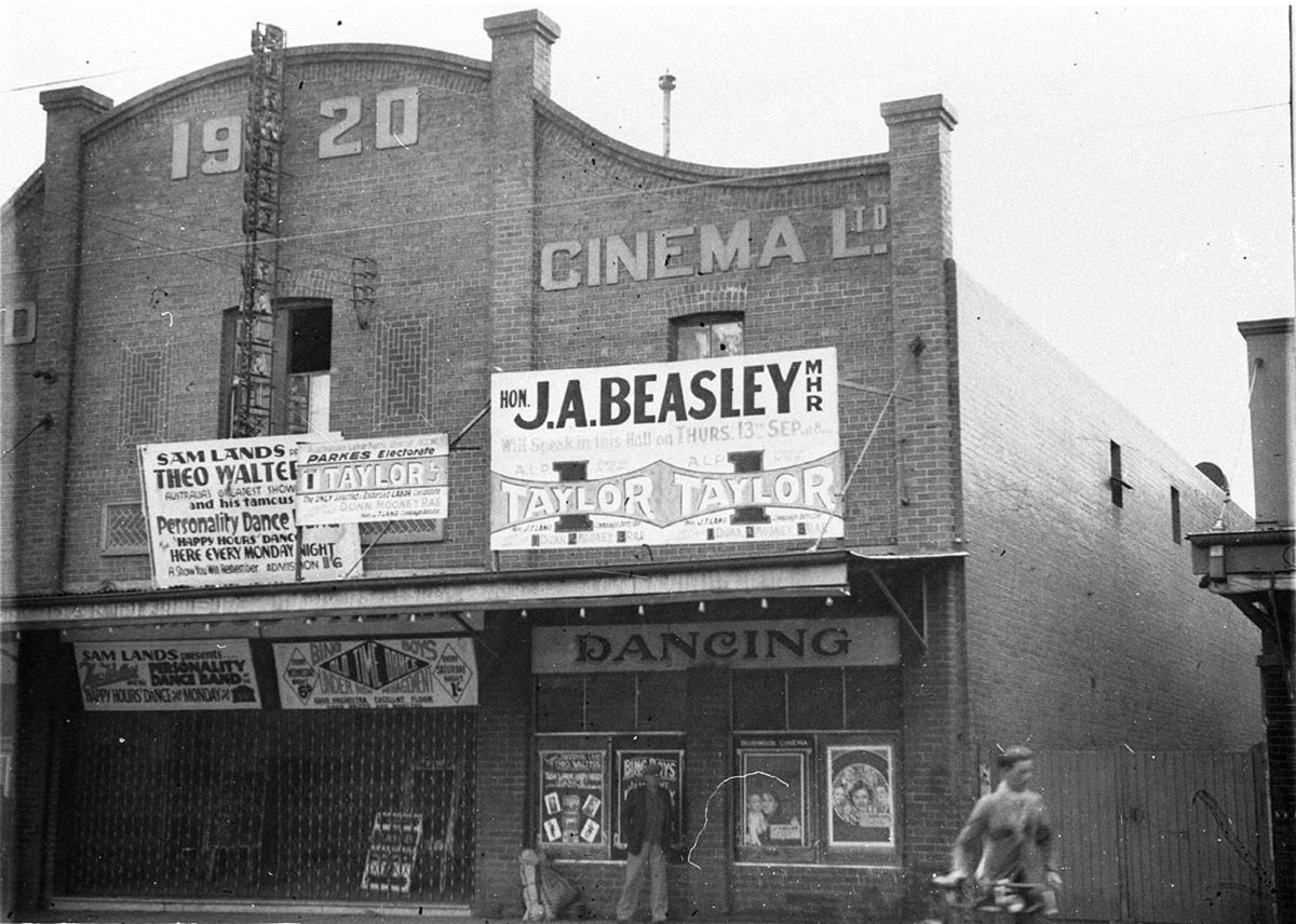 Balmain cinema cum dance hall featuring "Sam Lands Dance Band" and an election meeting by Hon Jim Beasley. 31 August 1934, by Sam Hood