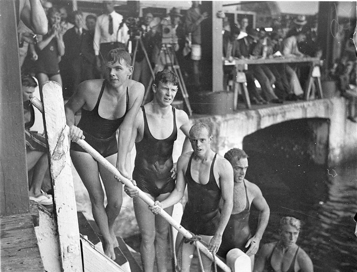 Five male swimmers - Noel Ryan on left, Domain Baths, Sydney, (ca. 1934) - photographer Sam Hood (c. 1934)
