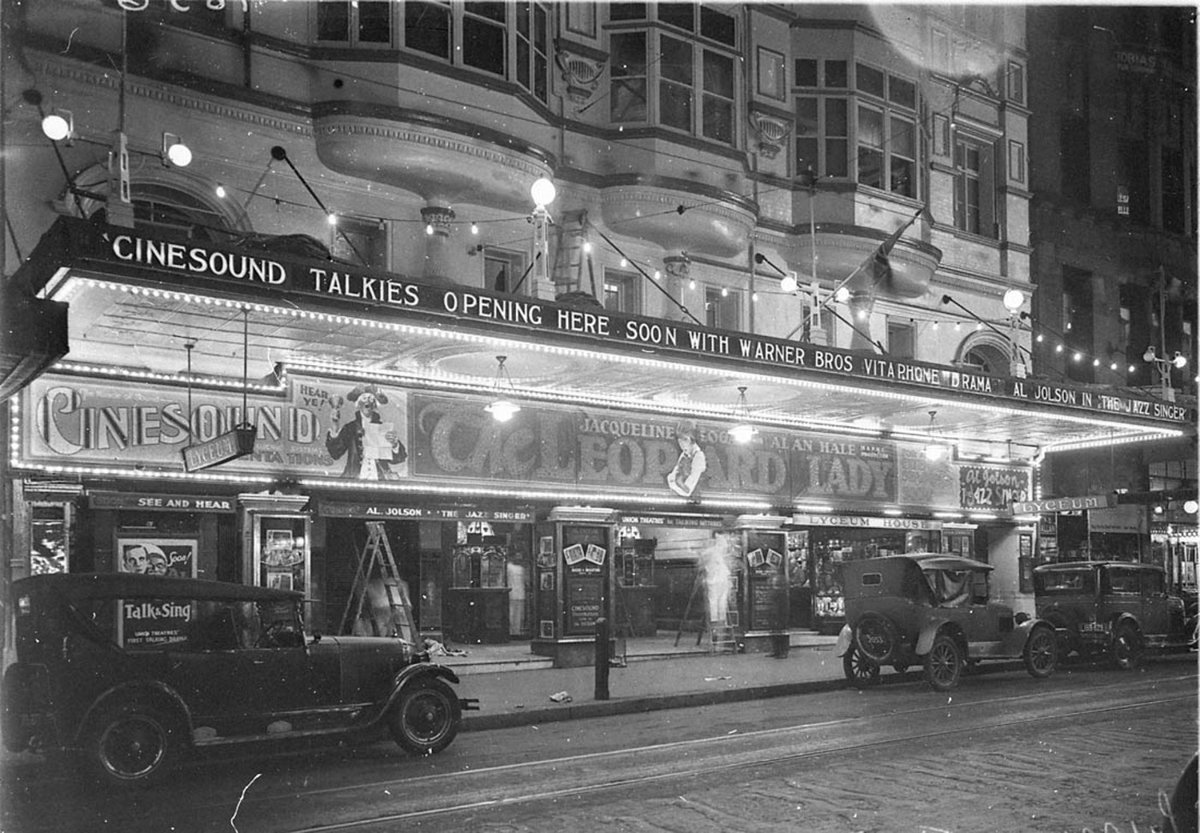 Front of the Lyceum Theatre at night, Sydney (late 1928) with Jaqueline Logan and Alan Hale in "The Leopard Lady." Also announcing- "Cinesound Talkies opening here soon with Warner Bros. Vitaphone (1927–28)