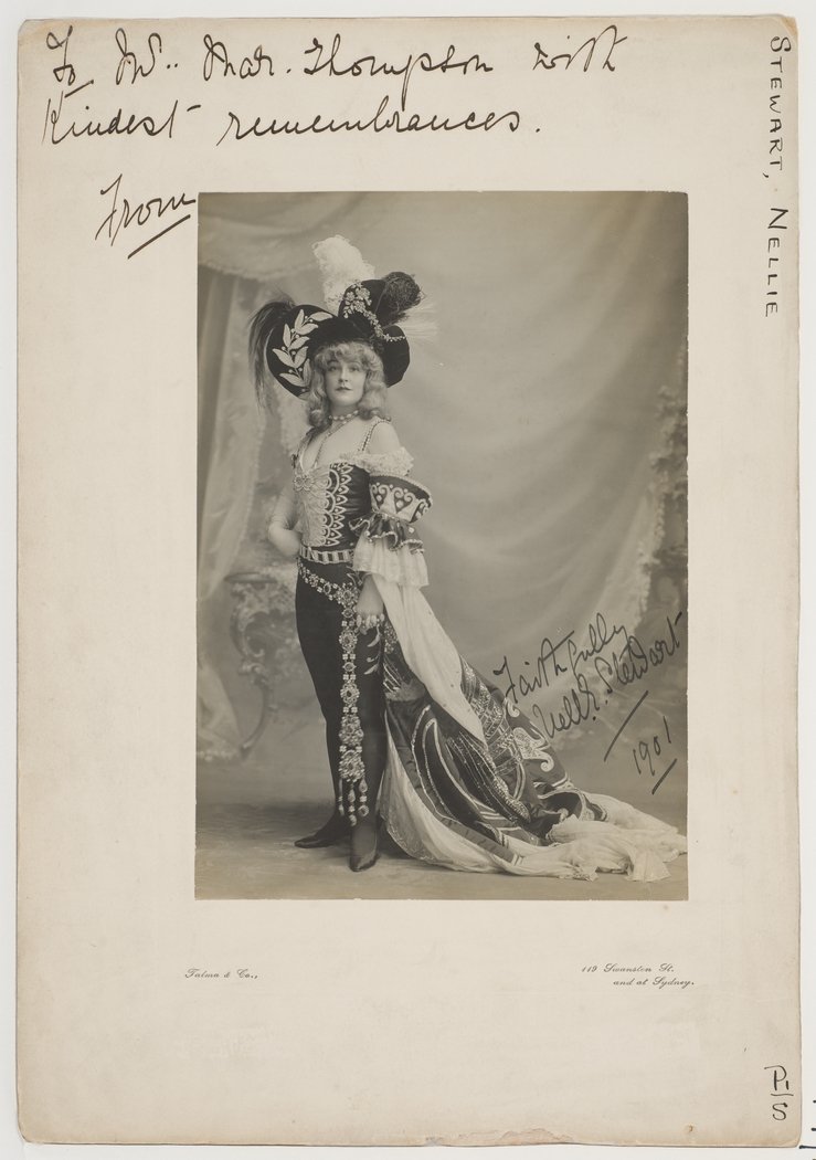Miss Nellie Stewart, as Prince Charming in Cinderella, 1901 - Talma and Co., 119 Swanston St. (Melb.) and at Sydney