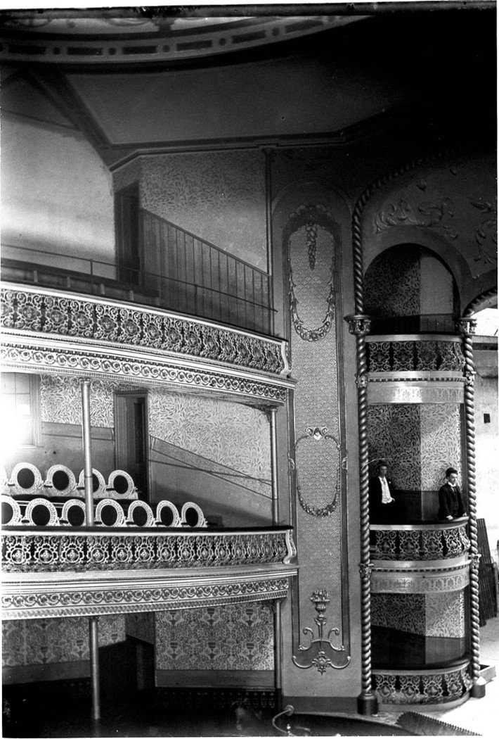 Rebuilding Theatre Royal after fire with actress Mrs Bernard Beere and the architect Humphreys, father of Dr E.M. Humphreys, in one of the theatre boxes (theatre re-opened Jan 1893); (i.e. two men in, Sydney city centre (1892)
