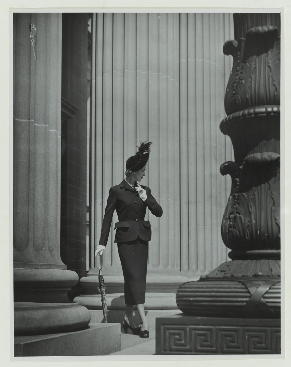 Model in New Look fashion on steps of the Public Library of New South Wales, 1950 - silver gelatin photoprint by Rob Hillier, Sydney