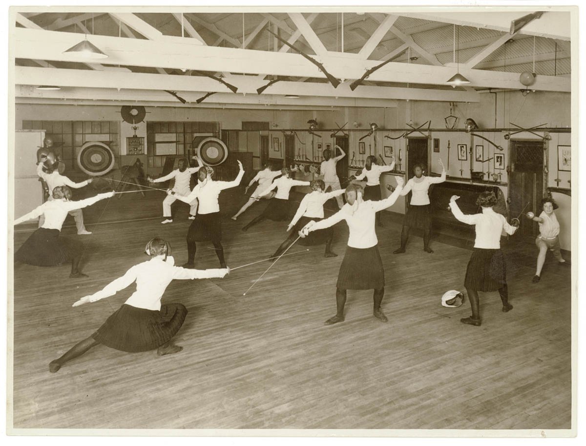 Men and women fence at Swords Club, 1936 - photogapher Sam Hood