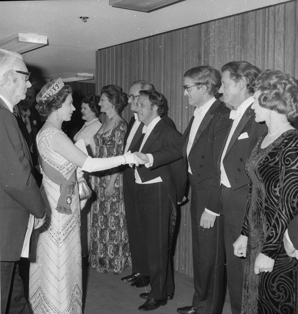 Queen Elizabeth attends the official opening performance (Beethoven's 9th Symphony) of the Sydney Opera House and meets the artists, 20 Oct 1973 - photographer Jack Hickson, Sydney city centre