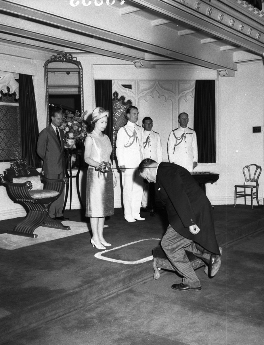 Investiture, Royal visit of Queen Elizabeth II and the Duke of Edinburgh, February 1963, Government House, Sydney - photographer Australian Photographic Agency, Sydney city centre