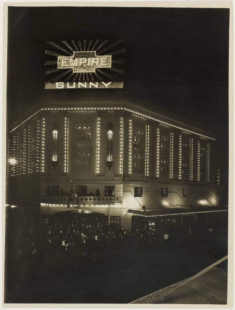 Exterior, Empire Theatre, Sydney, illuminated for the opening of "Sunny", 1927 - photographer Sam Hood, Haymarket