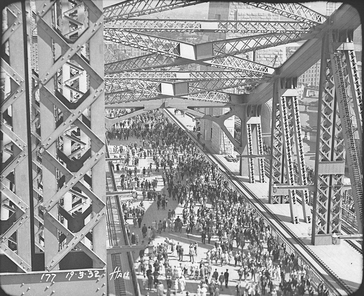 People walking across The Bridge, Sydney Harbour Bridge Celebrations, 19 March 1932, Hall and Co, Milsons Point