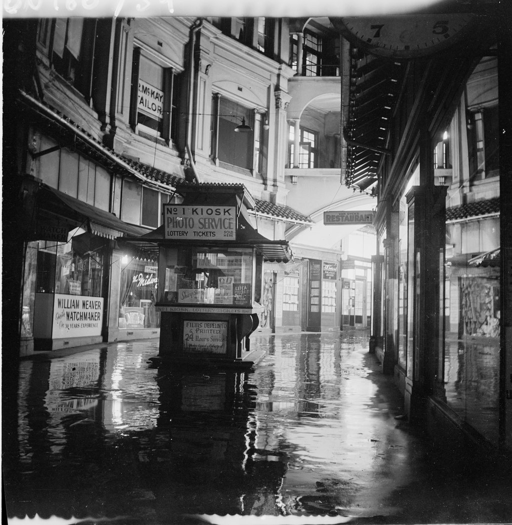 Royal Arcade at night, Feb 1949, from Series 02- Sydney people and streets, 1948-1950, photographed by Brian Bird