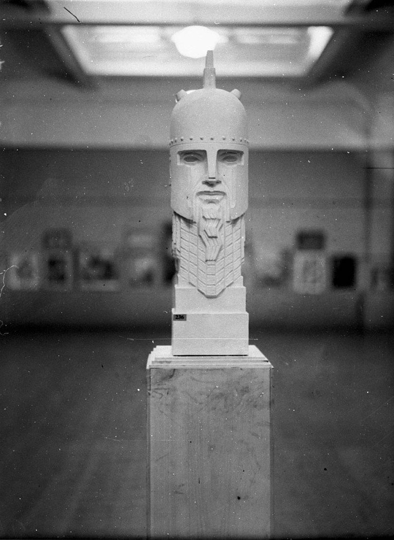 A sculpture exhibit of a bust, -236 "Theseus" (probably a Rayner Hoff), Art Gallery of New South Wales, Sydney, September 1934 - photographer Sam Hood, Sydney city centre