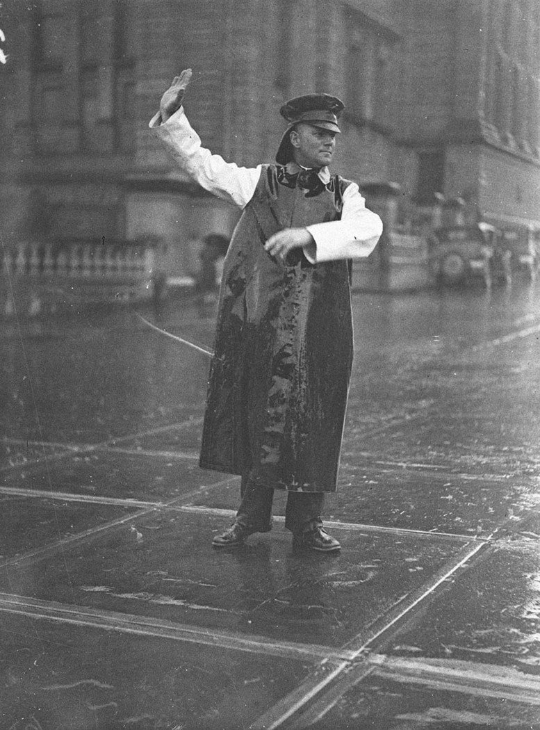 Traffic policemen on point duty, corner of Park and College Streets, 17 August 1934, by Ted Hood, Sydney city centre