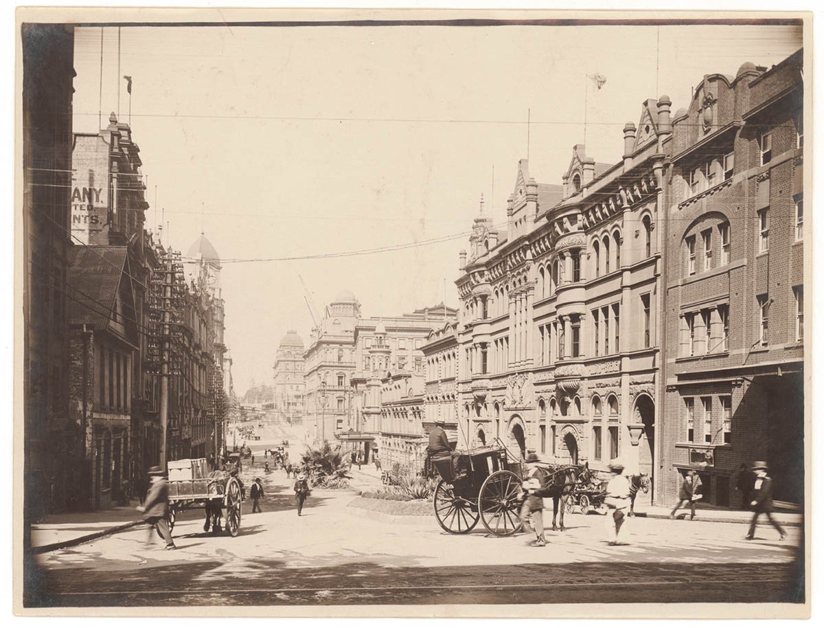 (Looking east along Bridge Street (with horsedrawn trafffic) from George Street), n.d., by Sam Hood, Sydney city centre (1912)