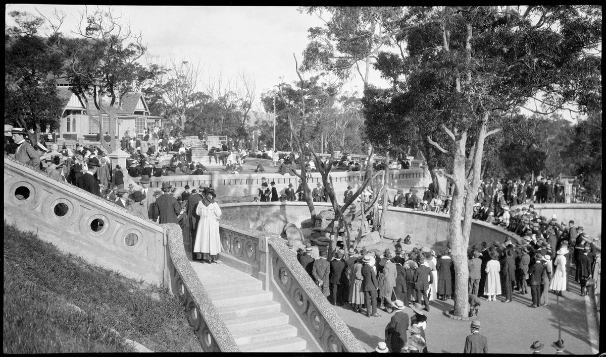 Visitors inspect animals in enclosures and pools, Taronga Zoo, c. 1916, by Sam Hood, Mosman