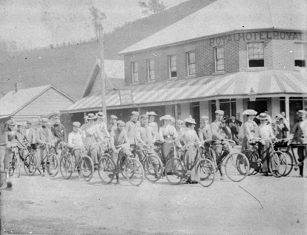 Waratah Rovers Bicycle Club (WRBC) on tour. Sydney - Campbelltown - Appin - Bulli - South Coast. Photo taken at Picton outside the Royal Hotel - Picton, NSW, October 1900