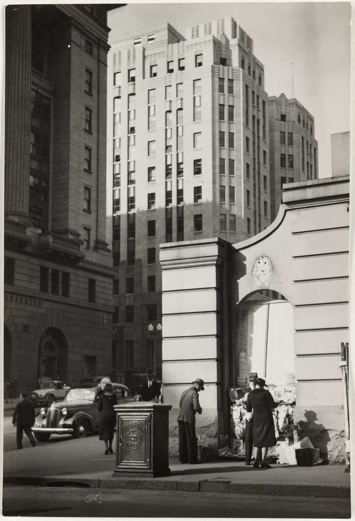 Castlereagh Street. `Sydney growing up' old buildings giving way in Castlereagh St for the new, n.d., by Harold Cazneaux, Sydney city centre (1935)