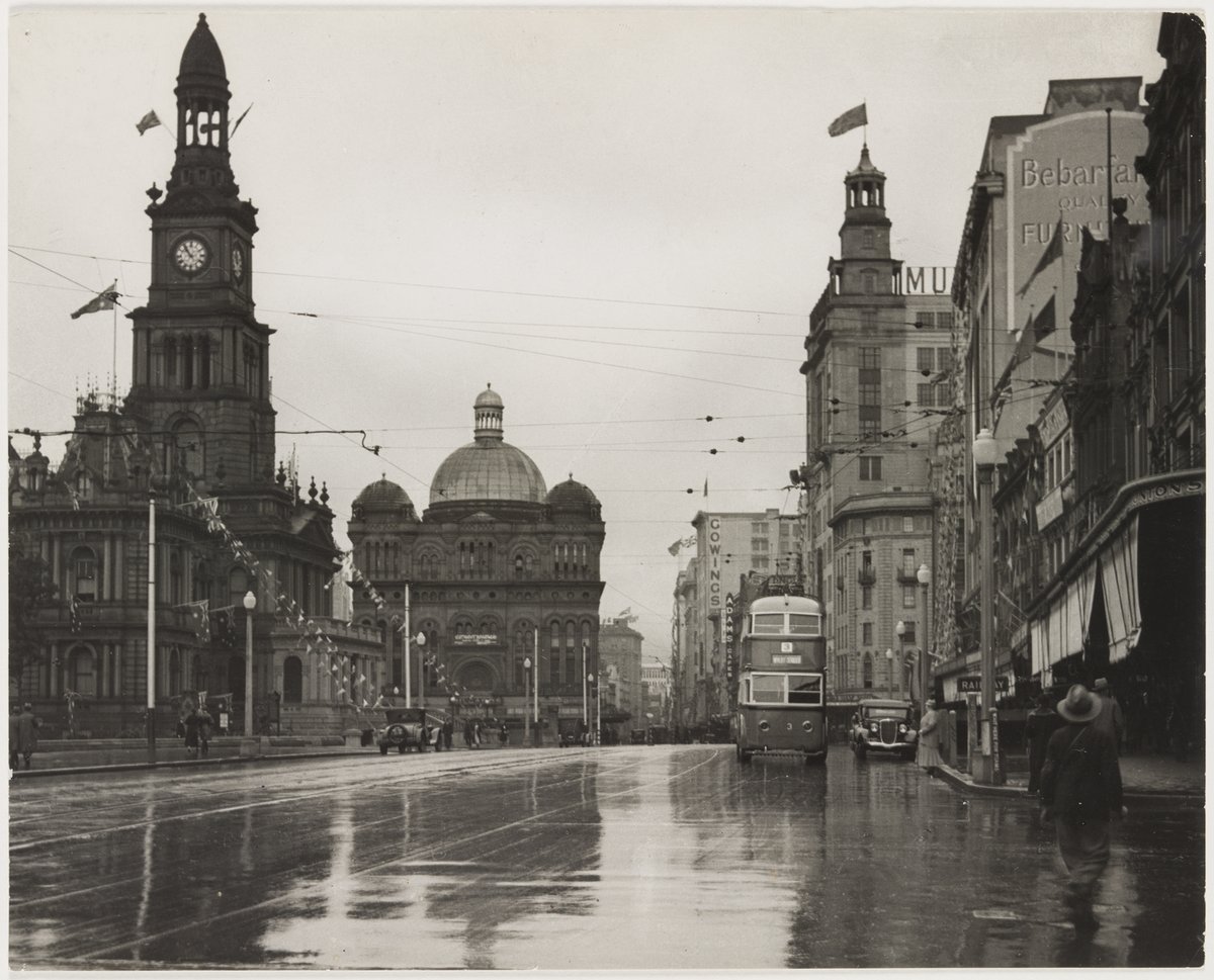 Town Hall and Queen Victoria Markets `Kings Jubilee Day' , Sydney, ca. 6 May 1935, by Harold Cazneaux, Sydney city centre (1933)