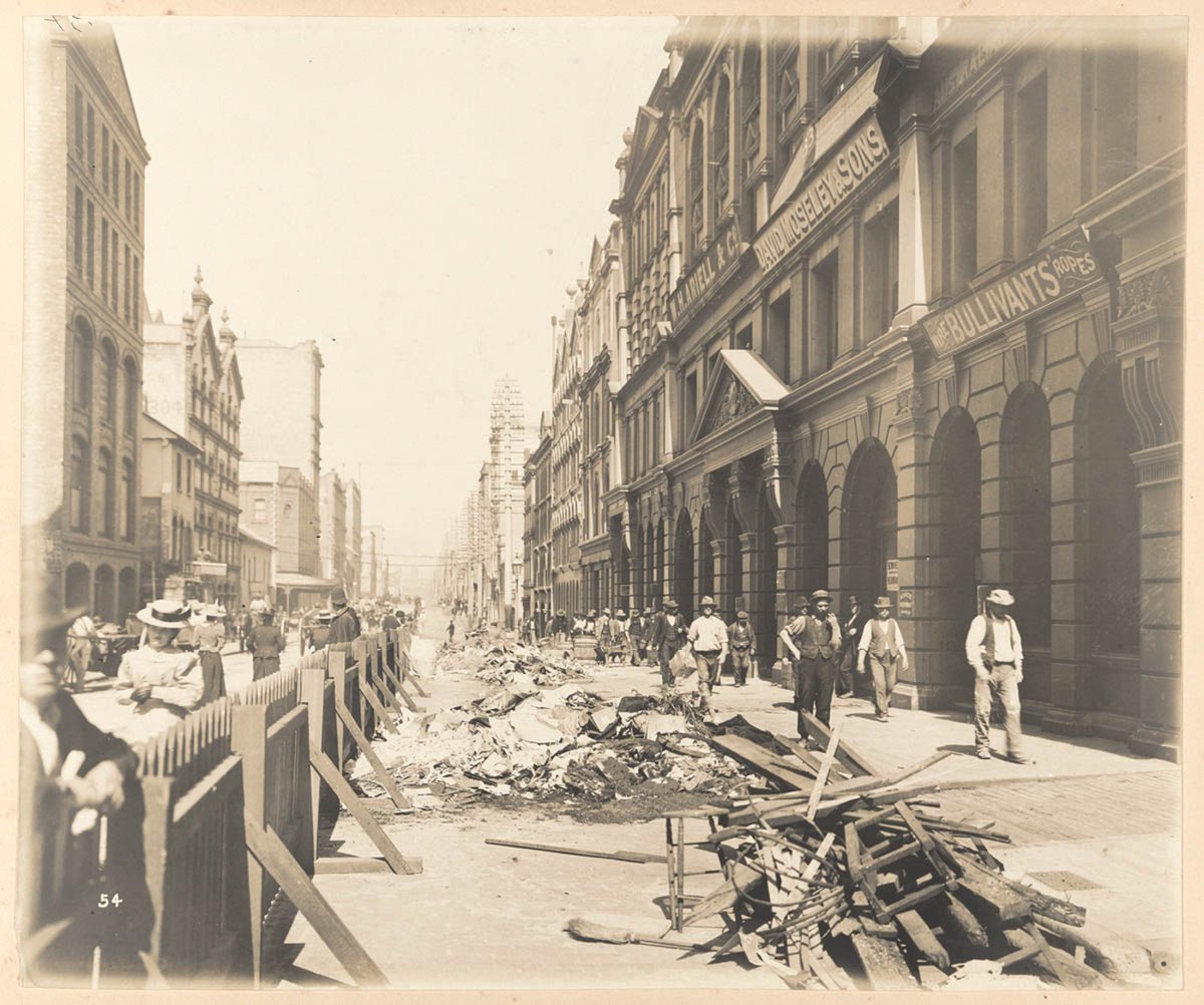 Kent-street from Views taken during Cleansing Operations, Quarantine Area, Sydney, 1900, Vol. I - under the supervision of Mr George McCredie, F.I.A., N.S.W. photographed by John Degotardi Jr, Martin Place