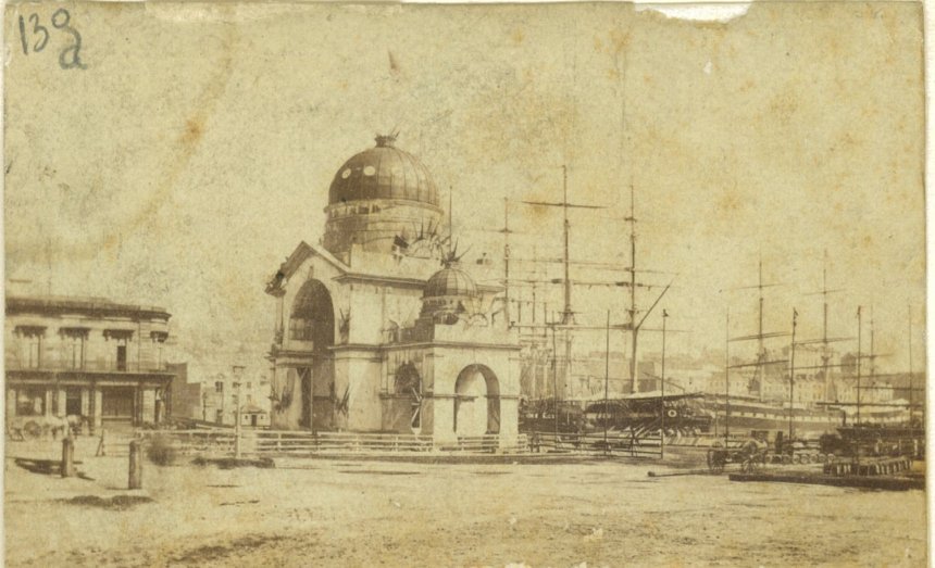 Triumphal arch, Prince's Stairs, Circular Quay, Sydney. Landing of Duke of Edinburgh, 1868, January - photographer unknown