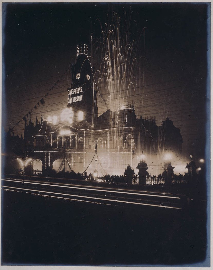 Town Hall at night, Inauguration of the Australian Commonwealth, Sydney, 1st January 1901, W. A. Gullick, Government Printer, Sydney city centre