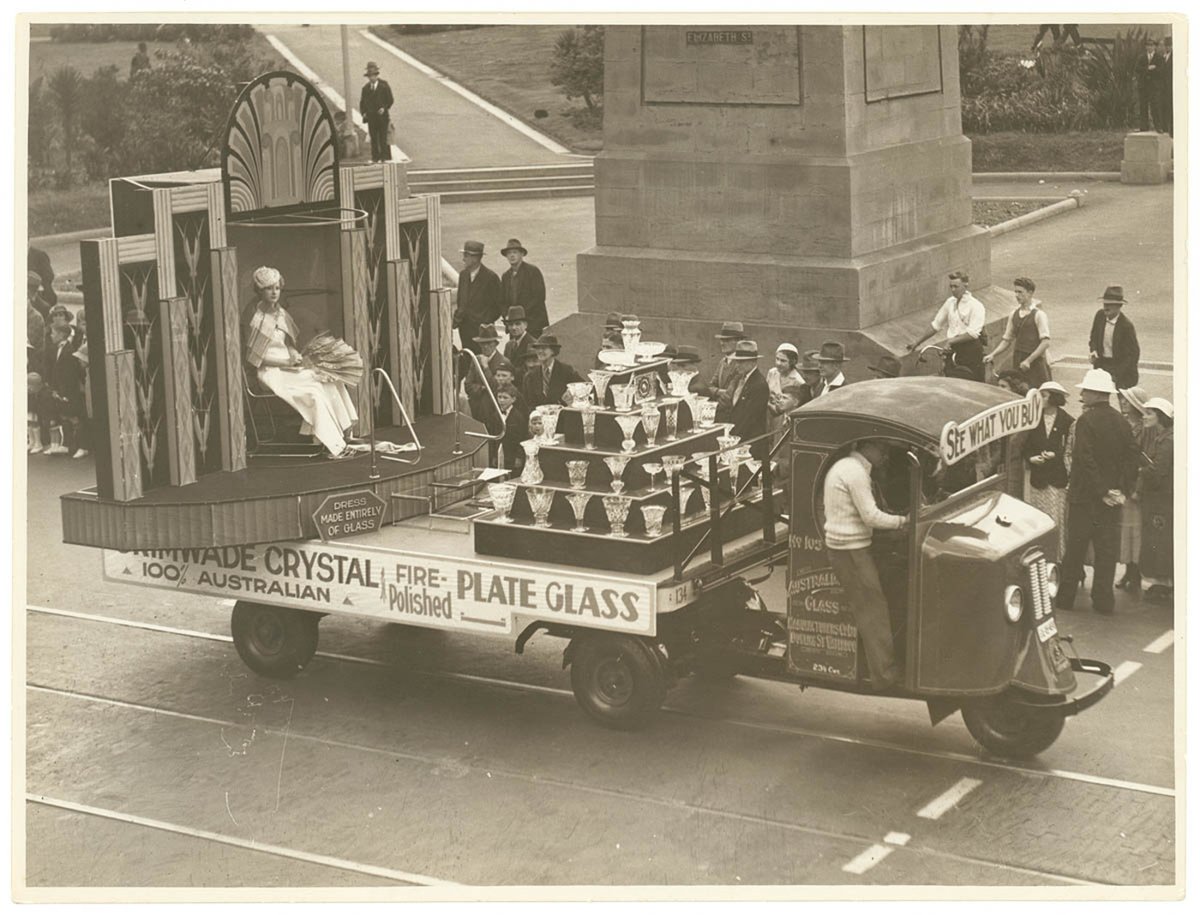 Three-wheel tractor of Australian Glass Manufacturers with trailer, c. 1930s, probably by Sam Hood, Sydney