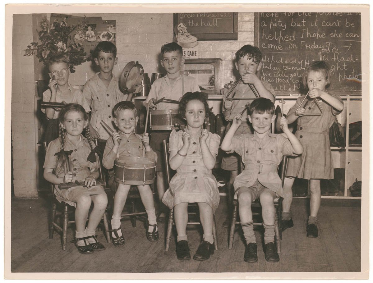 Class 1A percussion band, c. 1940s, by Sam Hood, Sydney city centre