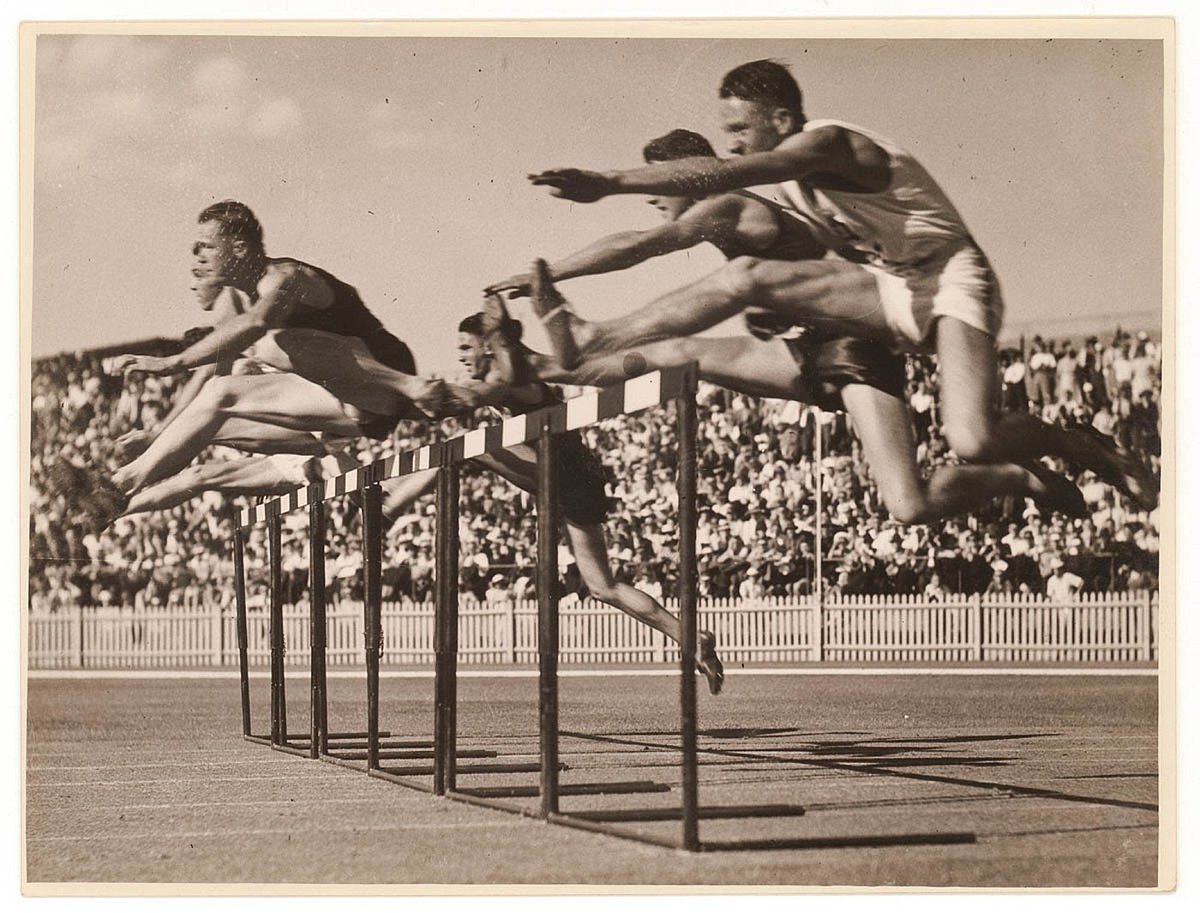Hurdlers, Empire Games, Sydney, 1938 - photographer Sam Hood