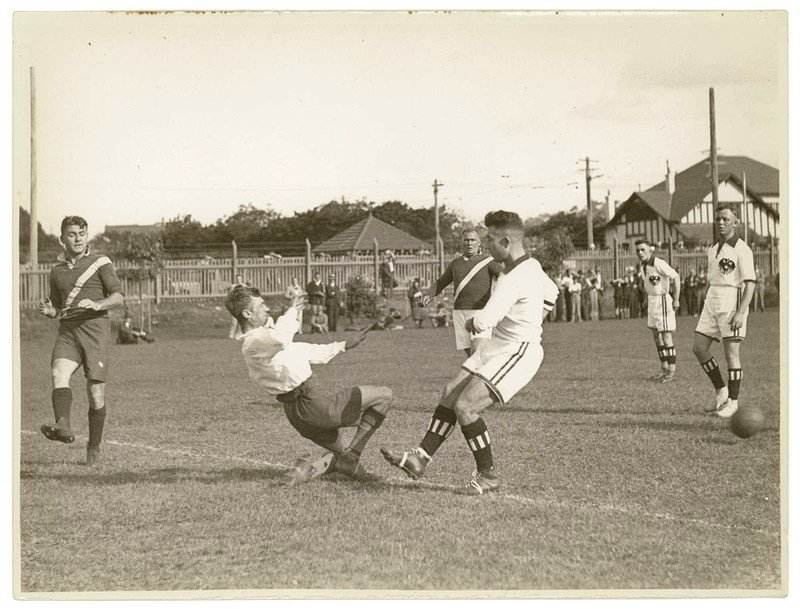 Royal Australian Navy team plays soccer against the visiting German Navy cruiser Köln team, Lyne Park, Sydney, May 1933 - Sam Hood, Rose Bay