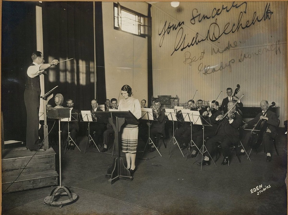 Gladys Moncrieff, singer, records with orchestra conducted by Gilbert Dechelette, HMV Studios, Sydney, ca. 1928-1932 - photographer Eden Studios (1920–32)
