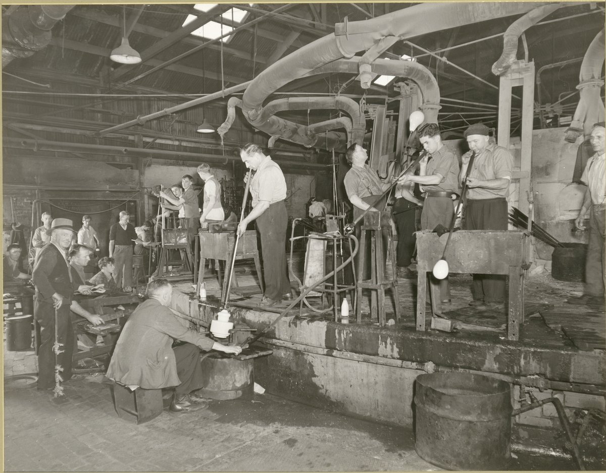 Glassblowers at work, Crown Crystal, 1950, by Crown Crystal Studio, Surry Hills