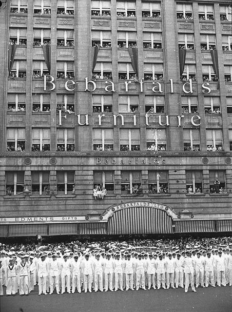 Bebarfald's Building, George St, Sydney (naval display outside), 11 February 1941, Sydney city centre