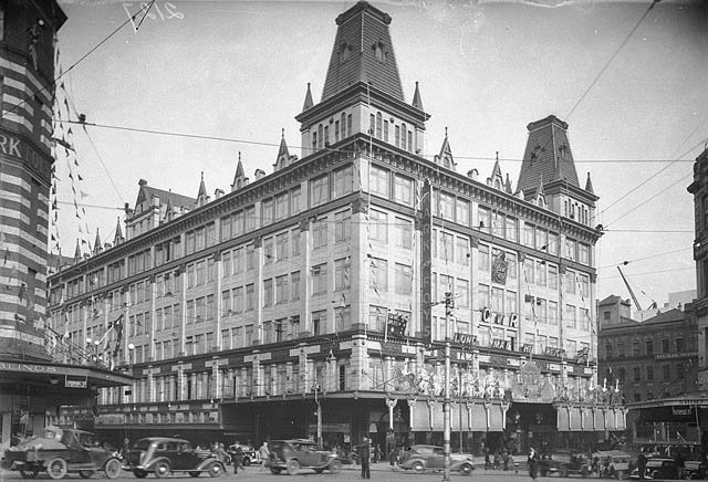 Liverpool Street, Sydney; Two Mark Foy stores, Christmas 1936, by Hall and Co, Sydney city centre