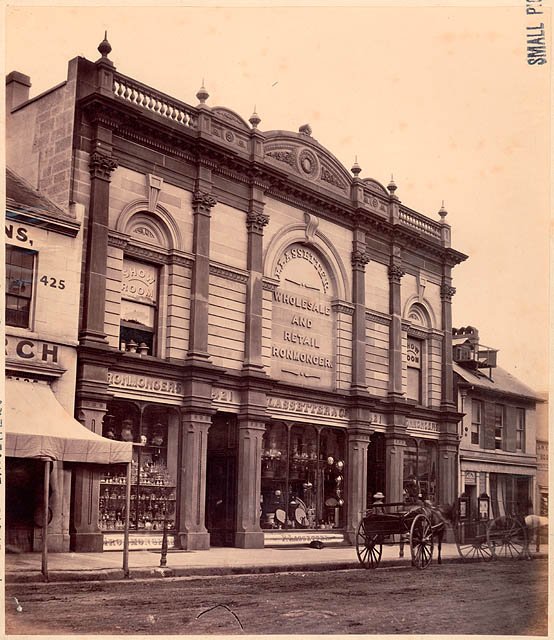 Lassetter and Co., wholesale and retail ironmonger, 421 George Street, Sydney, 1870, attributed to Charles Pickering, Sydney city centre