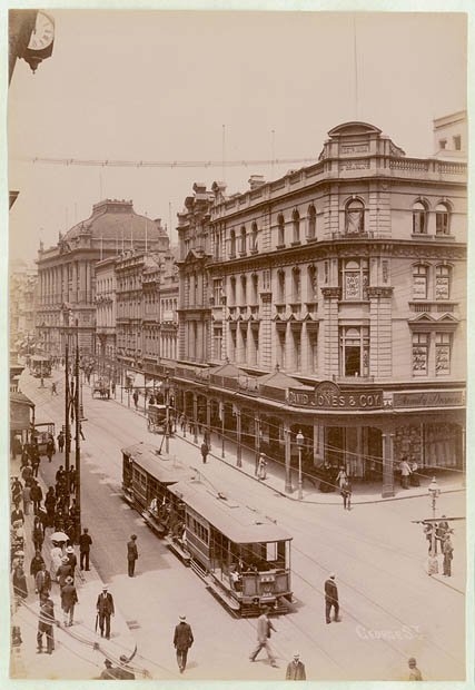 David Jones, George St. Sydney, cnr. Barrack St. Tram to Dulwich Hill, c. 1900-1910, Sydney city centre (1900–10)