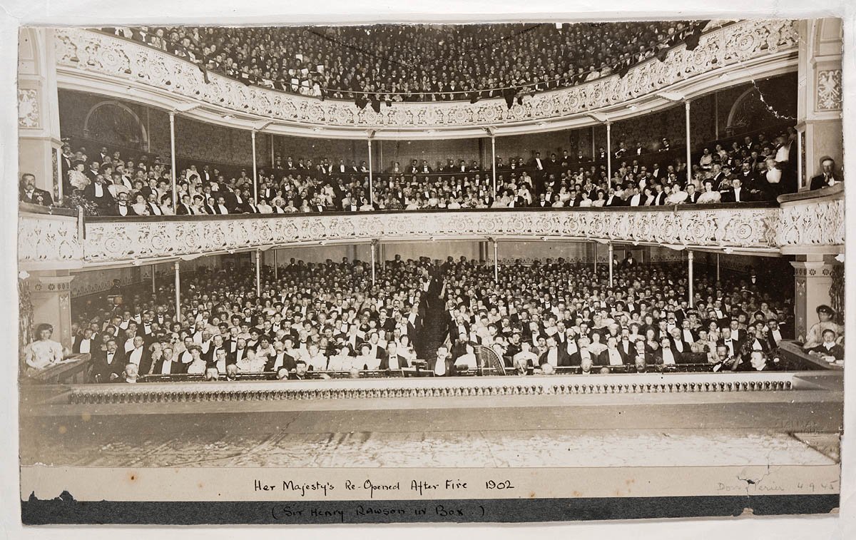 Her Majesty's Theatre re-opened after the fire, Sydney, 1903; with Governor Sir Henry Rawson in the top left box - A.J. Perier, Sydney city centre