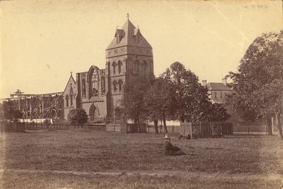 Former St Mary's Cathedral, Sydney, ca. 1870 (after the fire of 1865) - unknown photographer, Sydney city centre (c. 1870)