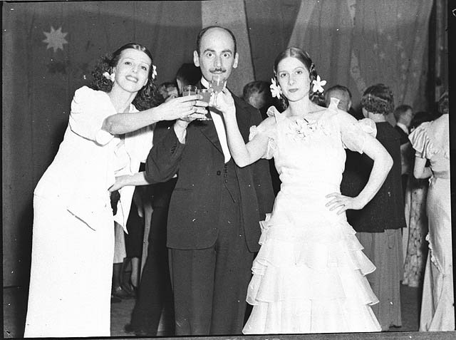 Nina Raievska (left) and Valentina Blinova with Arnold Haskell; Russian Ballet at JC Williamson New Year Party, Sydney, 31 December 1936 - Sam Hood