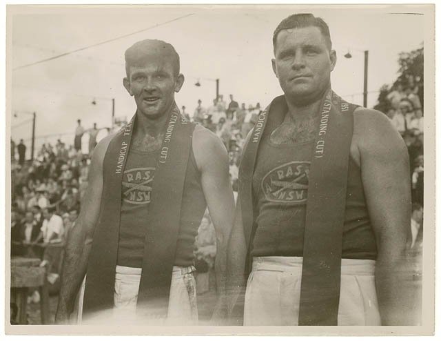 Preston and Lavis, Winner of Teams Cup for woodchopping, Royal Easter Show, Sydney, 1951 - Sam Hood, Moore Park