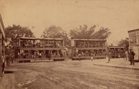 Motor and double-deck cars, Market Street, 1879, Sydney city centre