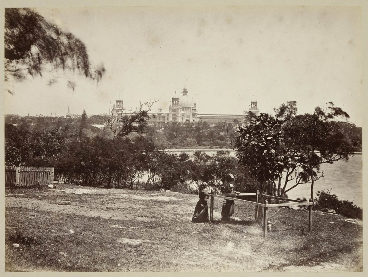 View from Mrs Macquarie's Point looking at Garden Palace c 1879, by Tronier Artist Photographer, Sydney city centre (c. 1879)
