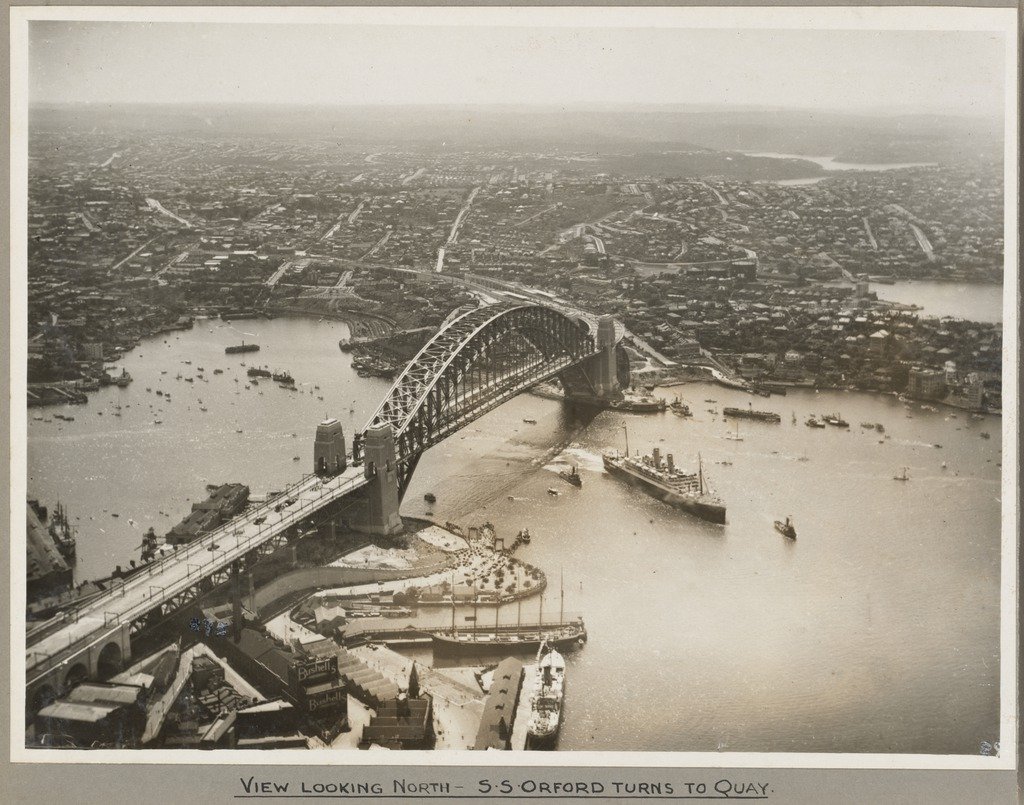 Orient liner SS Orford passing under Sydney Harbour Bridge turning towards Circular Quay, 19 March 1932