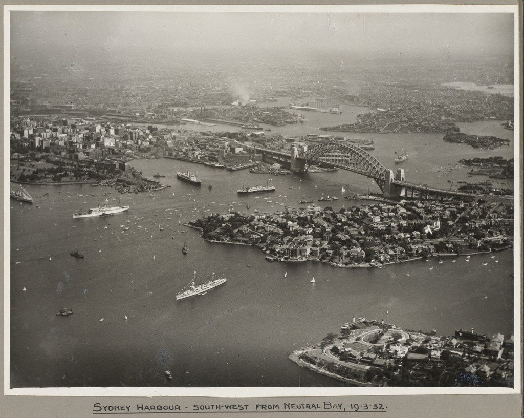 Ships surrounding Sydney Harbour and Sydney Harbour Bridge taken from Neutral Bay, 19 March 1932