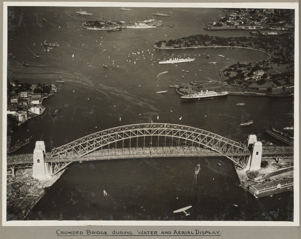 Sydney Harbour Bridge crowded with onlookers during the water and aerial display, 19 March 1932