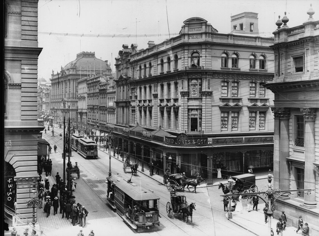 Electric trams, George Street, David Jones corner from The Powerhouse Museum Collection, Sydney city centre (c. 1900)