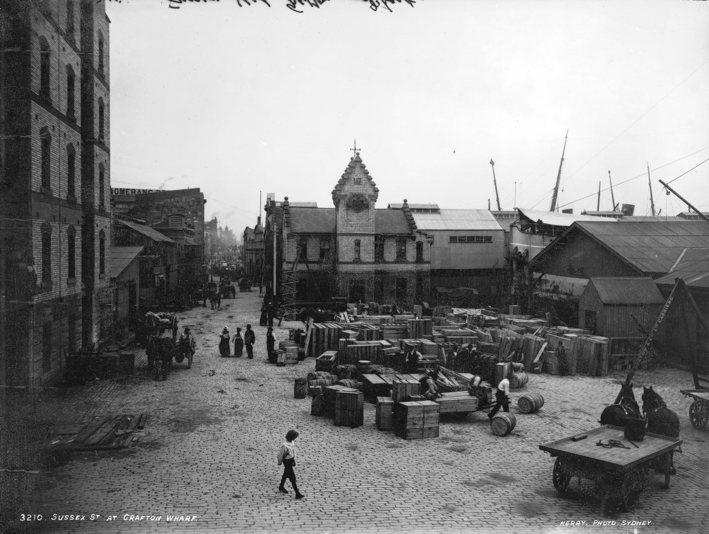 Sussex Street at Grafton Wharf, Sydney from The Powerhouse Museum Collection, Sydney city centre (c. 1900)